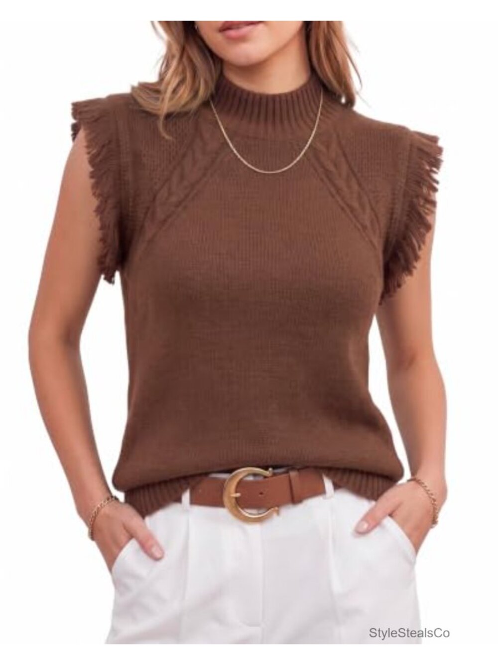 Women's Mock Neck Cable Knit Sweater Vest Fringe Sleeveless